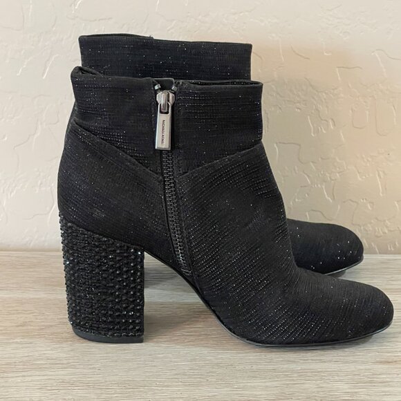 New Michael Kors Ankle Boots 6 Black Sparkle Glitter Crystals Heel Side Zip - Picture 6 of 10
